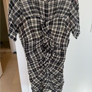 Isabel and Marant Black + White Ruchetted Plaid cotton linen Dress